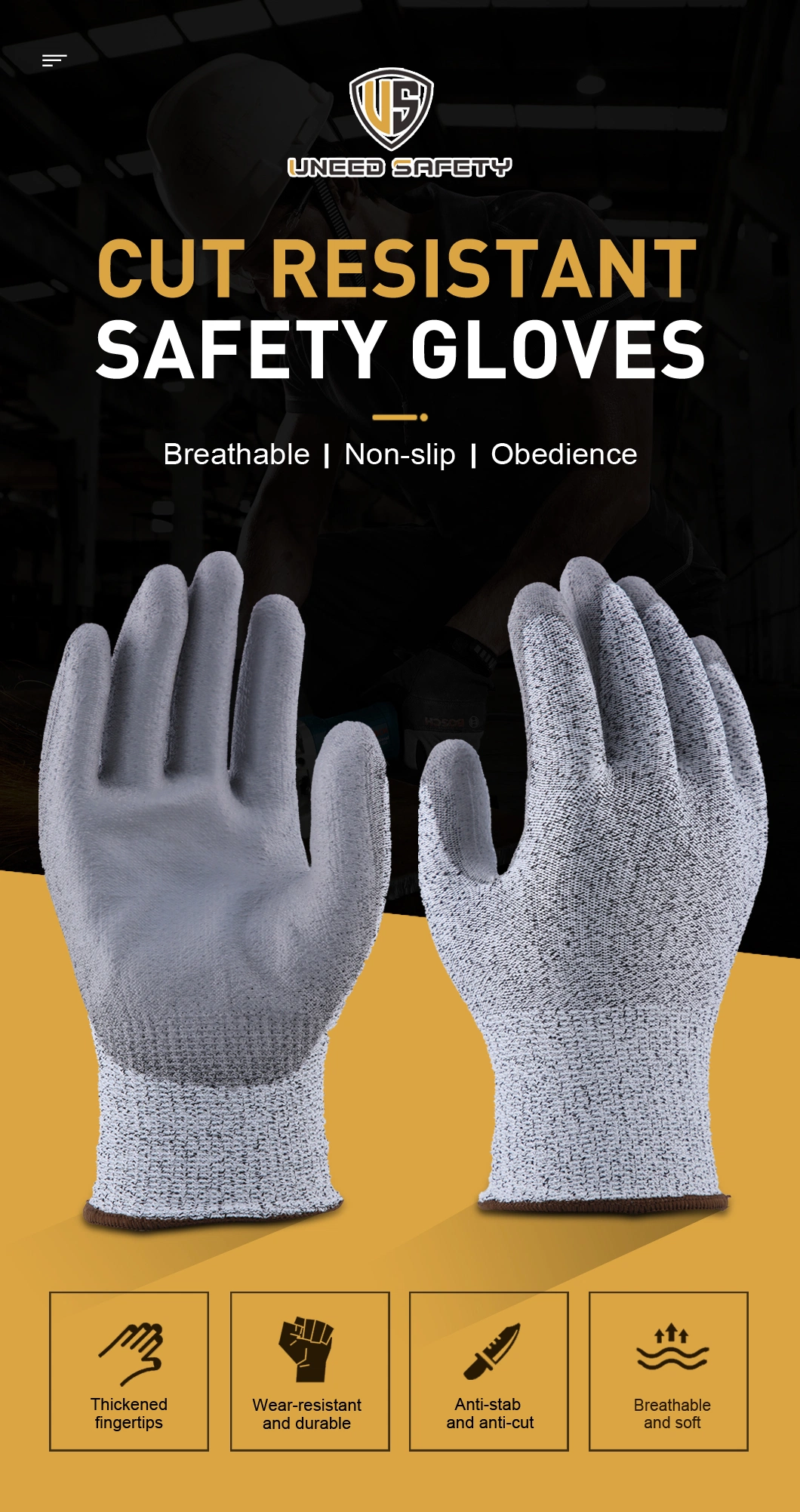 13G Seamless Mechanic Work Safety PU Cut Proof Resistant Labor Glove for Industrial Woking