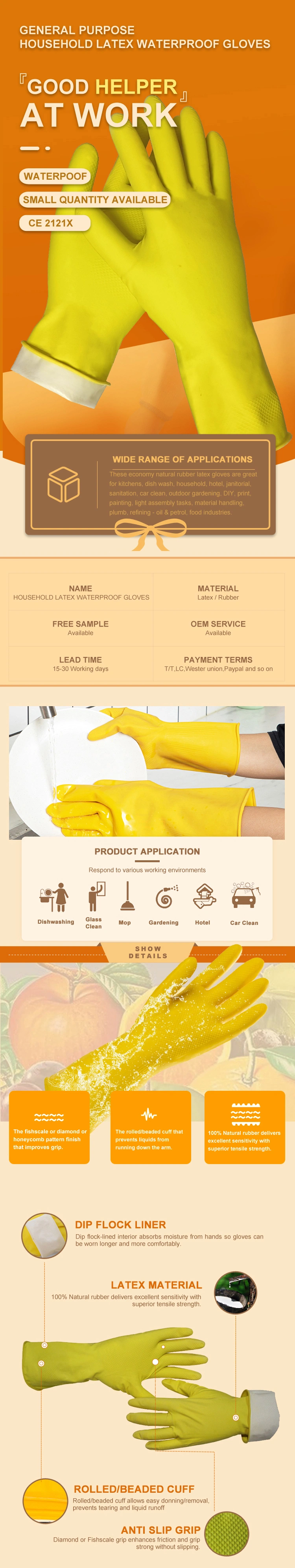 Custom Women Anti Slip Reusable Kitchen Dish Dishwashing Latex Rubber Gloves Luvas Guantes CE 2121 for Household Cleaning, Gardening, Utility Work