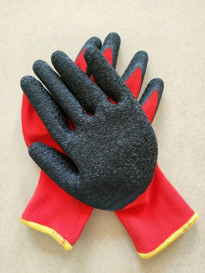 Red Polyester Knitted Back Crinkled Latex Coated Industrial Safety Work Gloves